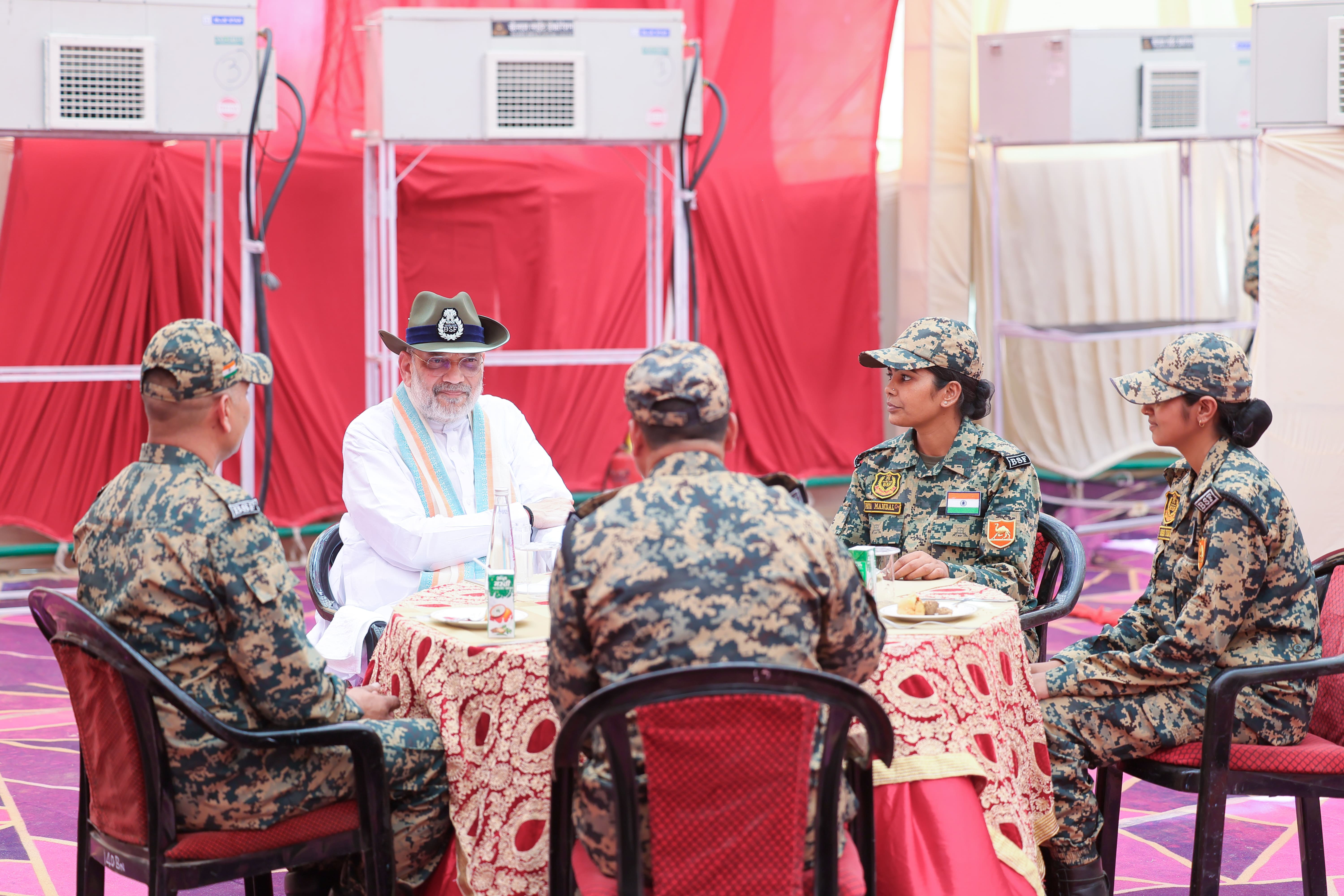 Union Home Minister and Minister of Cooperation, Shri Amit Shah interacted with BSF personnel over high tea at the Sanchu Border Outpost, in Bikaner.
