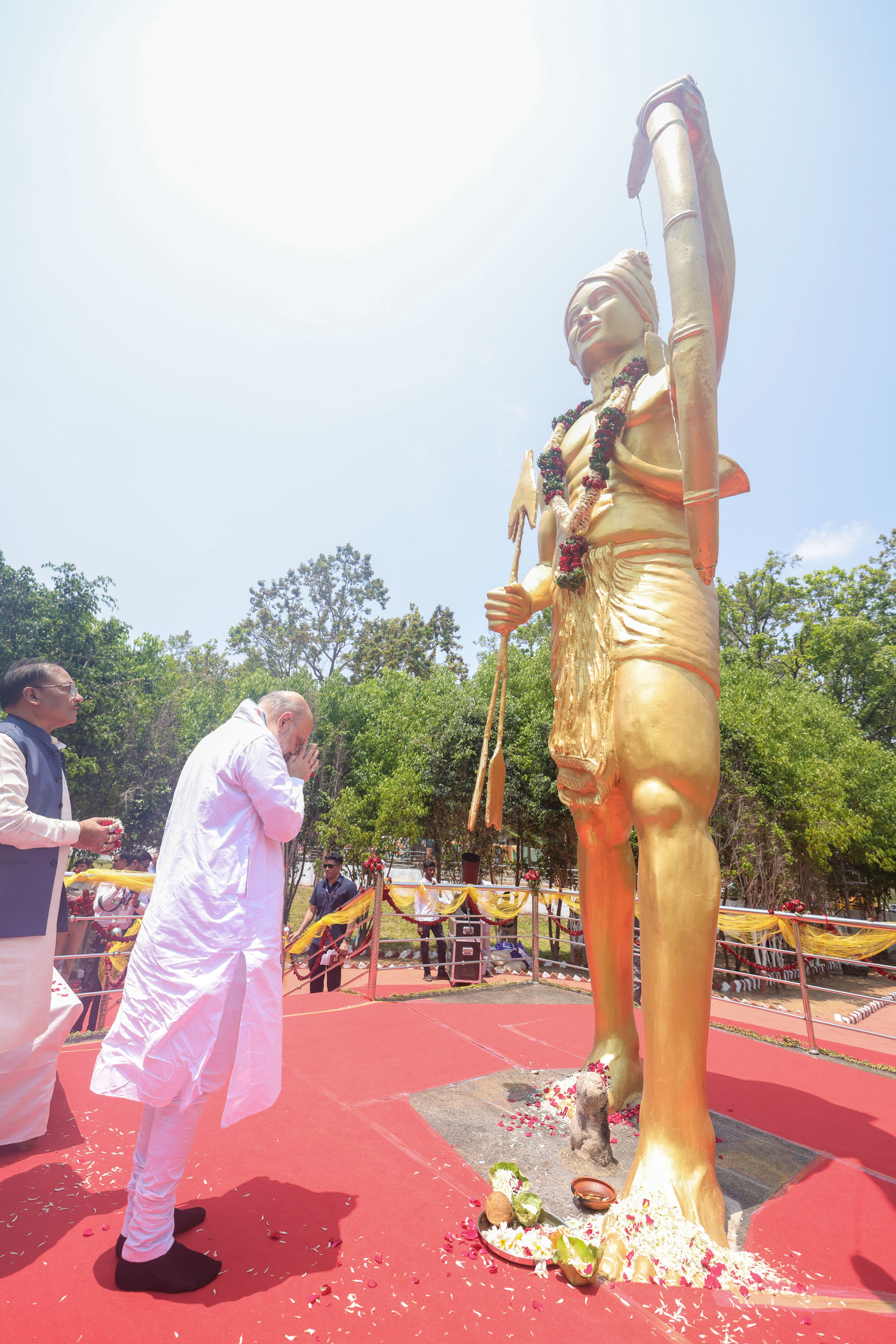 Union Home Minister and Minister of Cooperation Shri Amit Shah pays homage to the hero of the freedom struggle and the symbol of tribal identity Shaheed Veer Gundadhur at Netanar in Bastar, Chhattisgarh.
