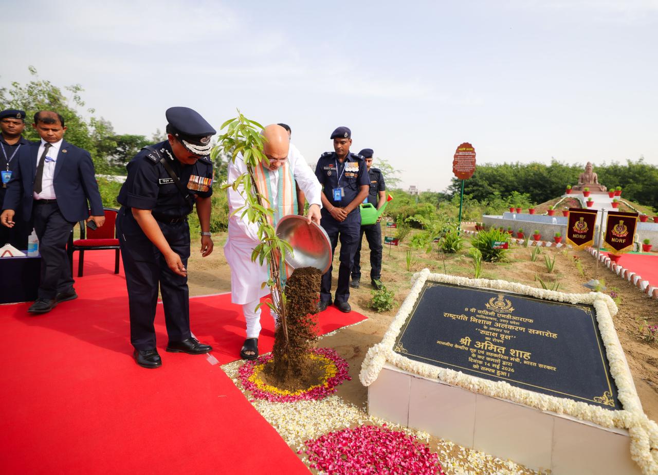 Union Home Minister and Minister of Cooperation Shri Amit Shah plants a Rudraksha sapling at the NDRF campus in Ghaziabad, Uttar Pradesh