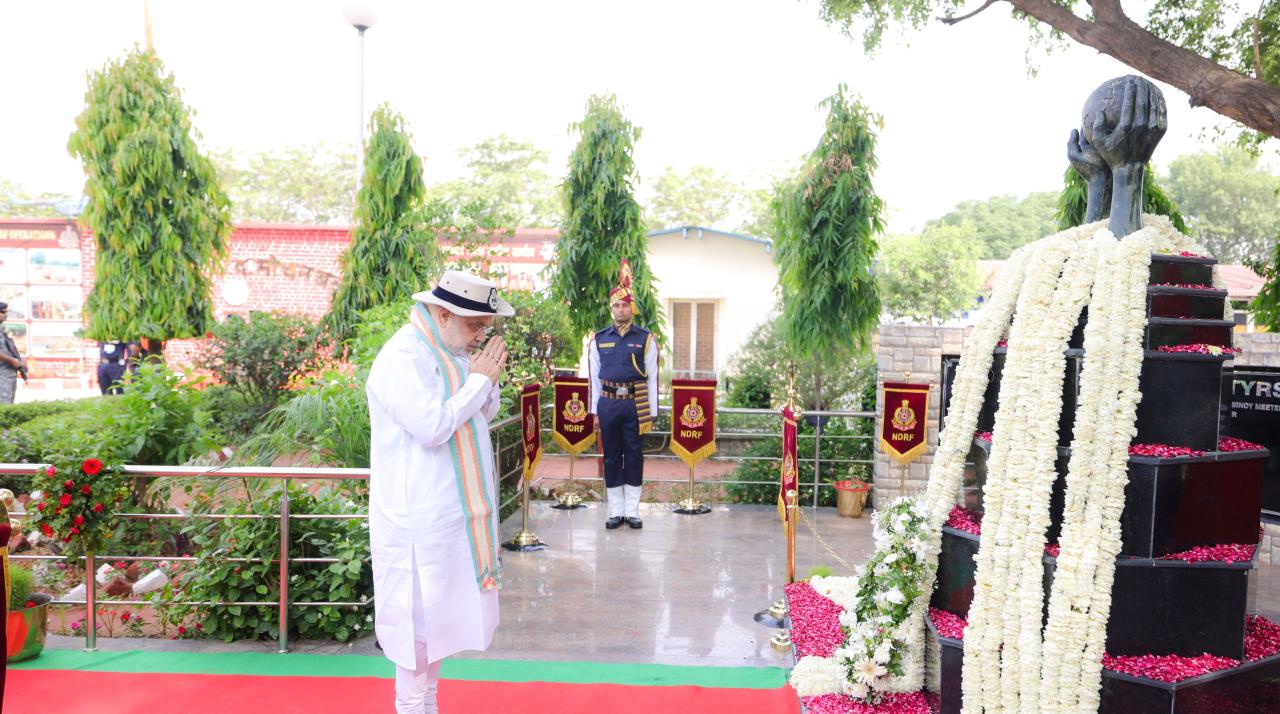 Union Home Minister and Minister of Cooperation Shri Amit Shah pays tribute to the martyrs of the NDRF at the 8th Battalion premises in Ghaziabad, Uttar Pradesh.