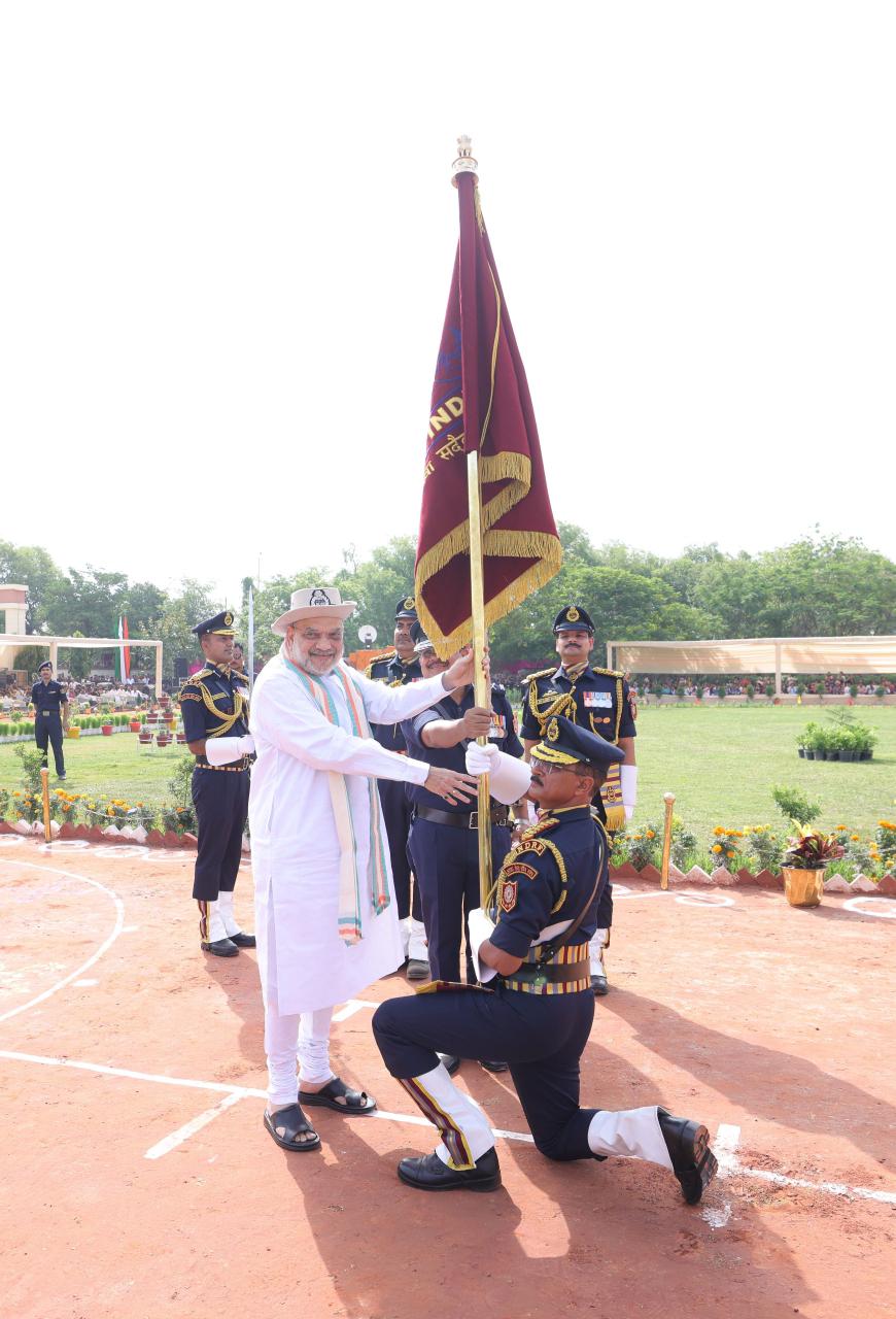 Union Home Minister and Minister of Cooperation Shri Amit Shah confers President's Colour Award to NDRF in Ghaziabad, Uttar Pradesh, as the Chief Guest.